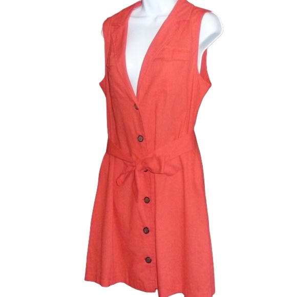 V-Neck Collared Dress, Sleeveless, Short Poppy Coral, W/Belt, Buttons Pockets, L - Picture 4 of 9